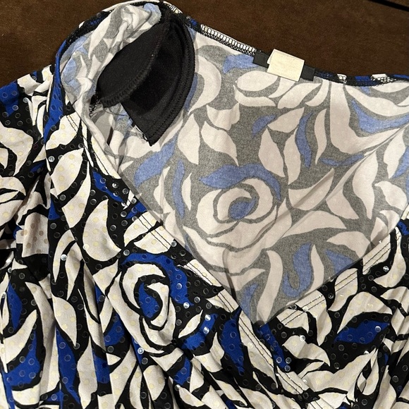 MSK Wrap Top Look Blue white black Floral Print. Black Beaded waist Fringe Sz S - Picture 9 of 13